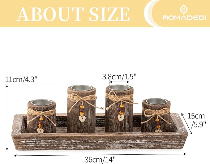 Farmhouse Coffee Table Decor Candle Holder - Romadedi Boho Wooden Tray with 4 Tealight Candles Holders for Tables Centerpiece Home Decorations Living Room Fireplace Kitchen