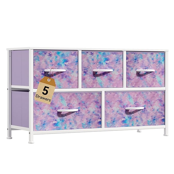 DWVO Dresser with 5 Drawers - Fabric Storage Tower, Organizer Unit for Bedroom, Living Room, Closets - Sturdy Steel Frame, Wooden Top (Purple)