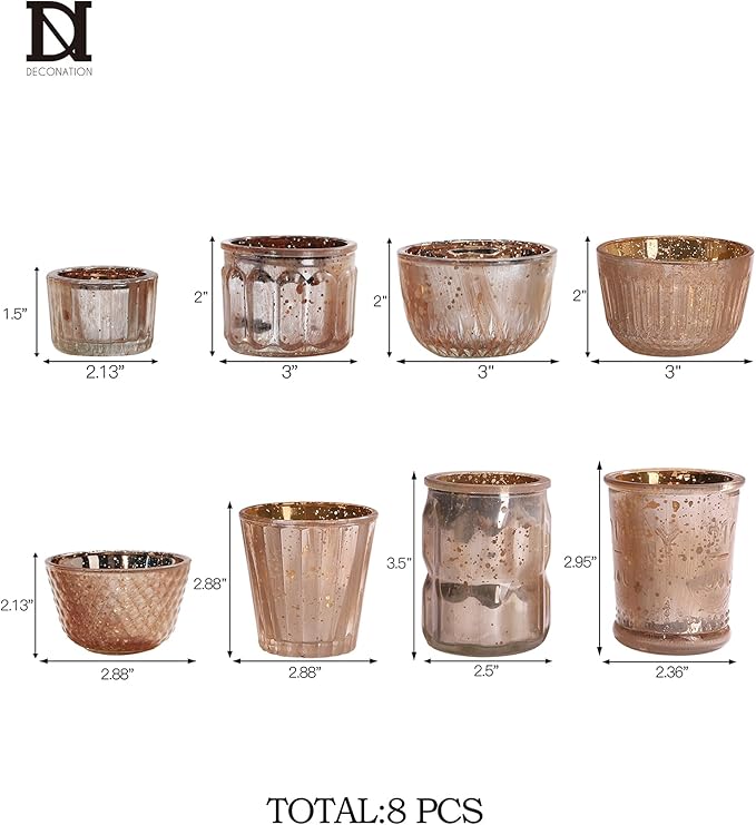 DN DECONATION 8PCS Gold Mercury Glass Candle Holder, Assorted Mercury Glass Votive Candle Holders, Vintage Tea Light Candle Holder for Wedding, Parties, Centerpieces, Decorations