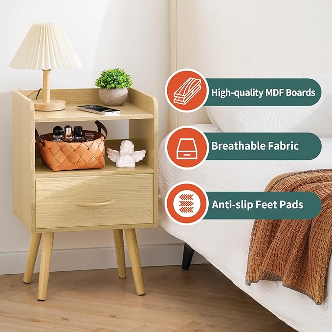 Yoobure Modern Nightstand with Fabric Drawer, Bedside Tables, Mid Century Nightstand with Open Storage Shelf, Wood Bedside Table, Small Night Stands for Bedrooms, 2-Tier Night Table