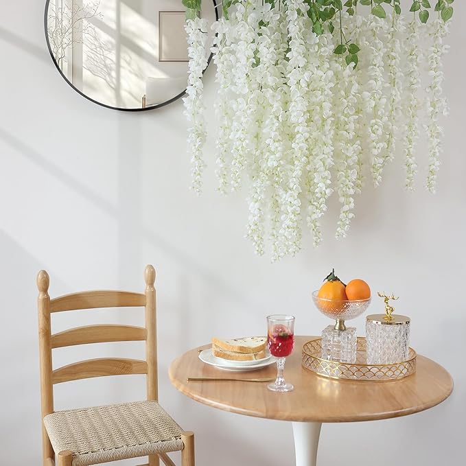 mizii 6Pcs White Wisteria Hanging Flowers 48" Silk Wisteria Artificial Flowers Garland Vines Fake Hanging Flowers Decoration for Wedding Flower Wall Backdrop Centerpieces Party Room Decor (White)