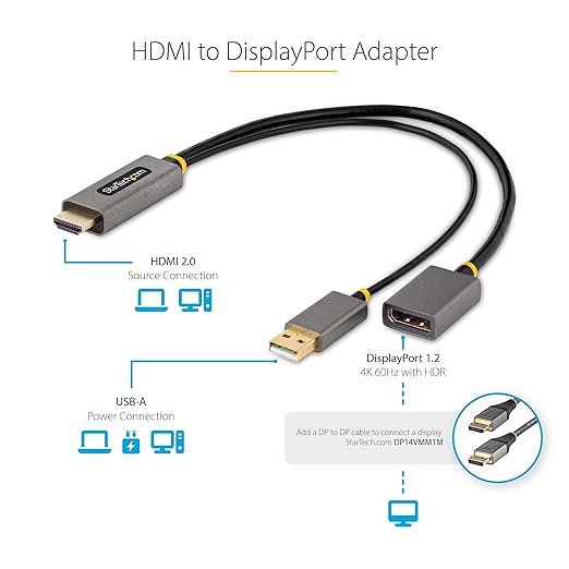 StarTech.com 1ft (30cm) HDMI to DisplayPort Adapter Cable, Active 4K 60Hz HDMI 2.0 to DP 1.2 Converter, HDR, USB Bus Powered, HDMI Source to DisplayPort Monitor for Laptops/PC (128-HDMI-DISPLAYPORT)
