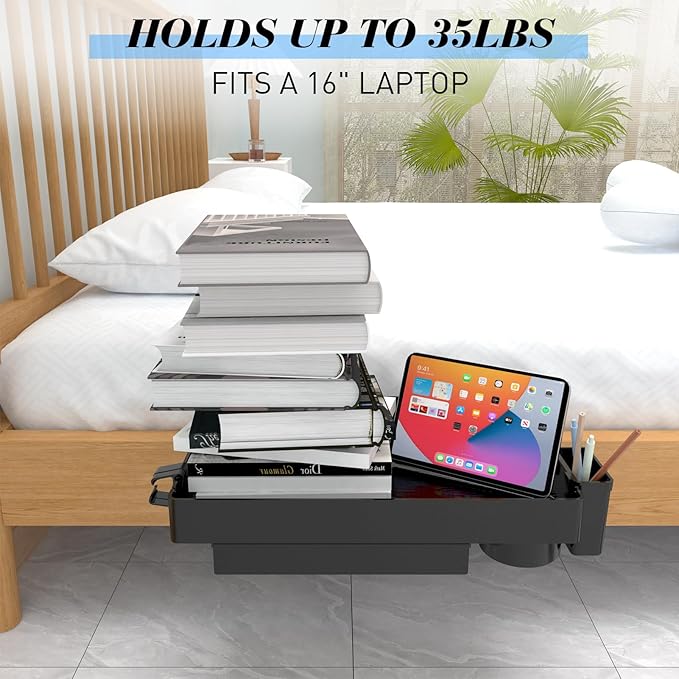 Ronlap Folding Bedside Shelf Bunk Bed Shelf Organizer for Top Bunk Clip On Bed Side Shelf Tray for College Dorm Lofted Bed Plastic Bedside Nightstand with Cup Holder, Plus Size with Drawer, Black