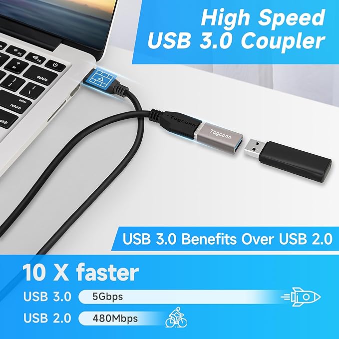 USB Coupler 2 Pack, Aluminum Shell USB 3.0 Type-A Female to Female Extension Adapter Connector, Support 5Gbps Data Transfer and Fast Charge for Connecting Extension Two USB-A Male Ends Cable
