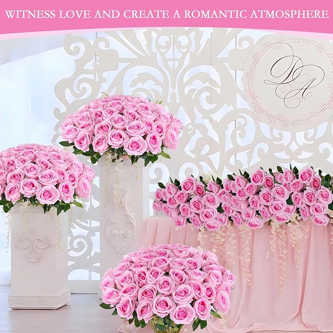 Hananona 50 Artificial Roses in Bulk, Fake Silk Pink Roses Realistic Roses for Wedding Centerpieces Flower Arrangement Home Decor (50, Pink)