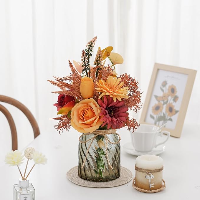 Fake Flowers Artificial Flowers with Vase, Faux Silk Flowers Fake Plants for Farmhouse Kitchen Dining Table Decorations, Fall Decorations for Home Office
