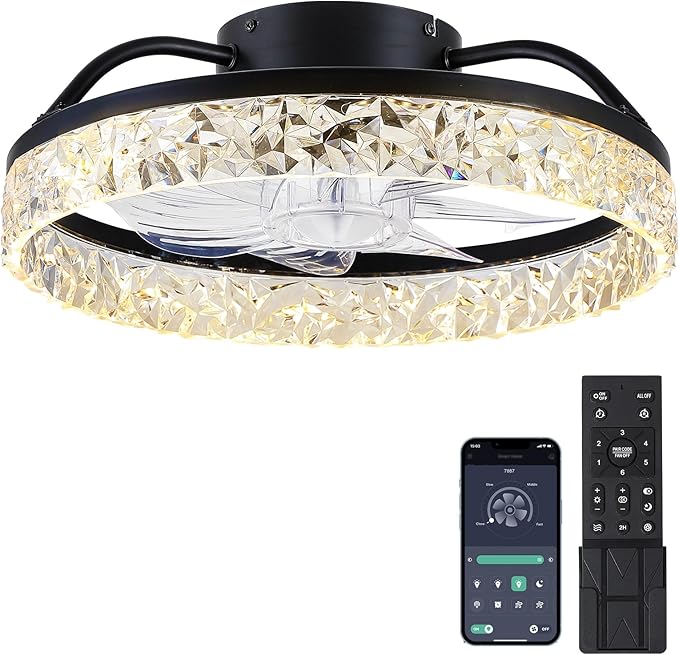 Ceiling Fans with Lights and Remote/APP Control, Modern Dimmable Low Profile Ceiling Fan, Flush Mount Bladeless Ceiling Fan, 16" Memory Function Forward Reverse and 6 Speeds - Black