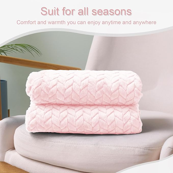 Exclusivo Mezcla Fleece Throw Blanket for Couch, 50x70 Inches Soft Cozy Jacquard Flannel Blankets, Lightweight Fuzzy Plush Warm Throws for Winter, Light Pink