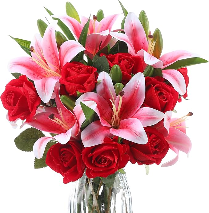 Hotop 20 Pcs Artificial Flowers Velvet Realistic Roses and Latex Lilies Flowers Bouquet Decorations Arrangements for Home Table Centerpieces Independence Day(Pink, Red)