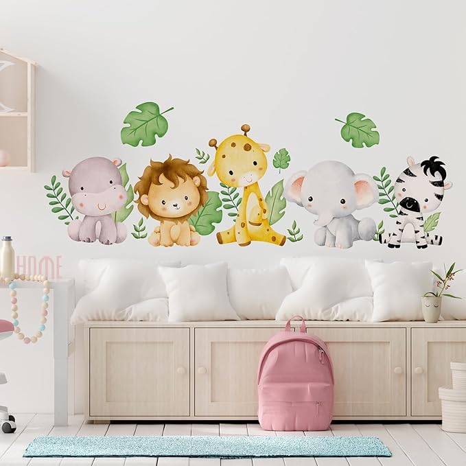 Watercolor Animal Wall Decals Giraffe Elephant Lion Hippo Zebra Wall Stickers Removable Cartoon Animal Wall Decals Decor for Baby Nursery Playroom Bedroom Classroom Kindergarten