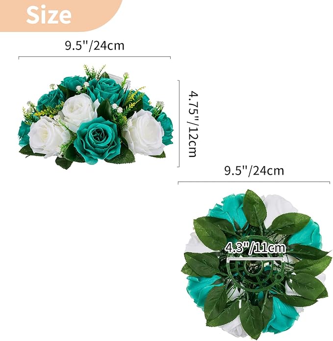 NUPTIO Flower Wedding Centrepieces for Tables - 6 Pcs 9.5in Diameter Teal & White Artificial Flowers Rose Ball for Centerpieces Table - Fake Rose Arrangements for Weddings Birthday Party Decorations