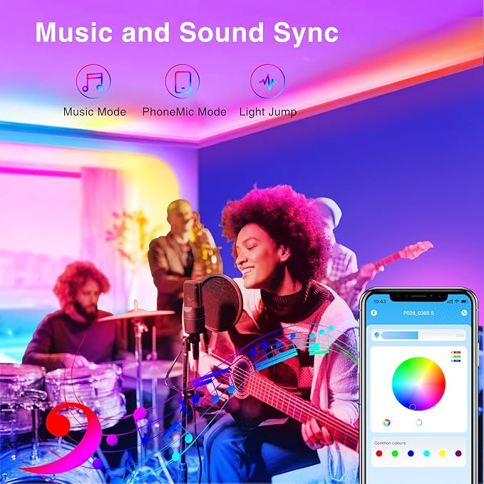 TJOY 50ft Bluetooth LED Strip Lights, SMD5050 Music Sync Tape Lighting, RGB Color Changing Rope Lighting with Remote,Smart APP Control, LED Lights for Bedroom,TV,Room DIY (APP+Remote +Mic/50ftx1)