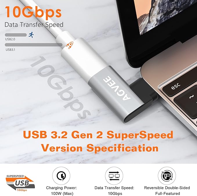 AGVEE 4 Pack Side Angle 90 Degree USB-C Male to USB-C Right Angled Female Adapter (Type-C 3.2 Gen 2) Converter Video Type-C 10G Data Extension Coupler Converter Connector, Black