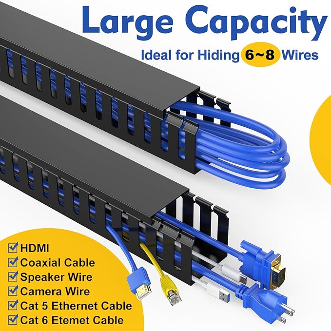 Open Slot Wiring Raceway Cable Duct, 123in Cable Management Channel Cord Track,Desk Wire Channel, Under Desk Cable Management to Hide Cables, Wires for Computers (Black, 1.57" Hx1.57"W, 15.4''L(8 Pc))