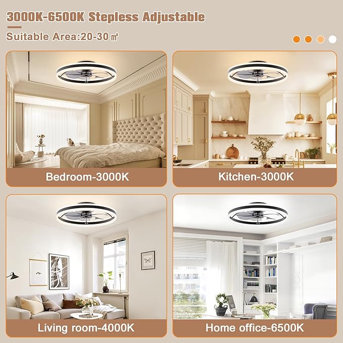 VOLISUN Low Profile Ceiling Fans with Lights and Remote, 23.6in Flush Mount Ceiling Fans with Light, 3000K-6500K Dimmable Fandelier LED Fan Light, Black Bladeless Ceiling Fans with Lights for Bedroom