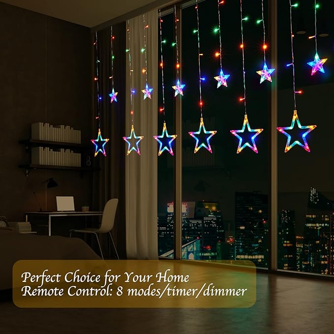 Star Curtain Lights for Bedroom - Plug-in 9ft 138 LED Fairy Twinkle Lights with 12 Star Drops, Connectable Window Lights with Remote 8 Lighting Modes for Indoor Xmas Ramadan Decoration, Multicolored