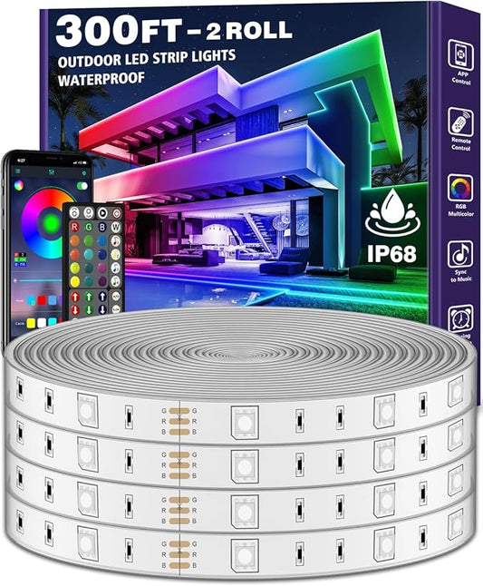 300ft Outdoor LED Strip Lights Waterproof,IP68 Outside Led Light Strips Waterproof with Bluetooth App Remote Control,Music Sync RGB Exterior Led Rope Lights,for Balcony,Deck,Roof,Garden,Pool (300FT)