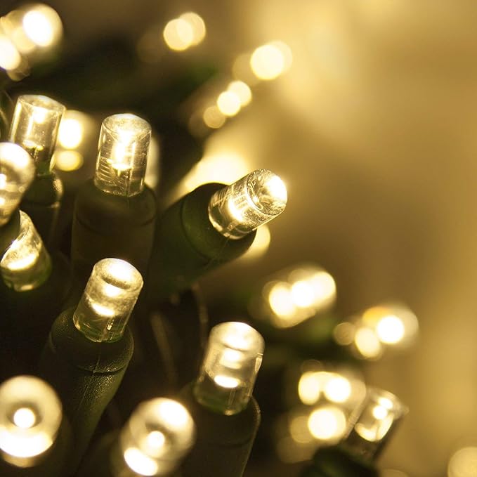 5mm LED Wide Angle Warm White Prelamped Light Set, Green Wire - 70 5mm Warm White LED Christmas Lights, 6" Spacing