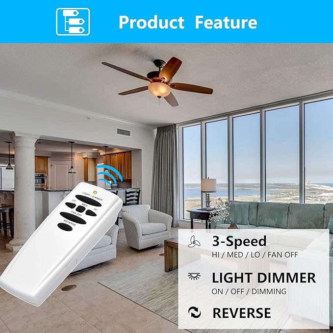 HD6 Replacement Remote for Hampton Bay Hunter Ceiling Fan Remote Control,303.9MHz w/Reverse Light Dimmer 3-Speed Wall Mount,for UC7078T CHQ7078T CHQ8BT7078T L3H2010FANHD Fan-HD HD6(Remote Only)