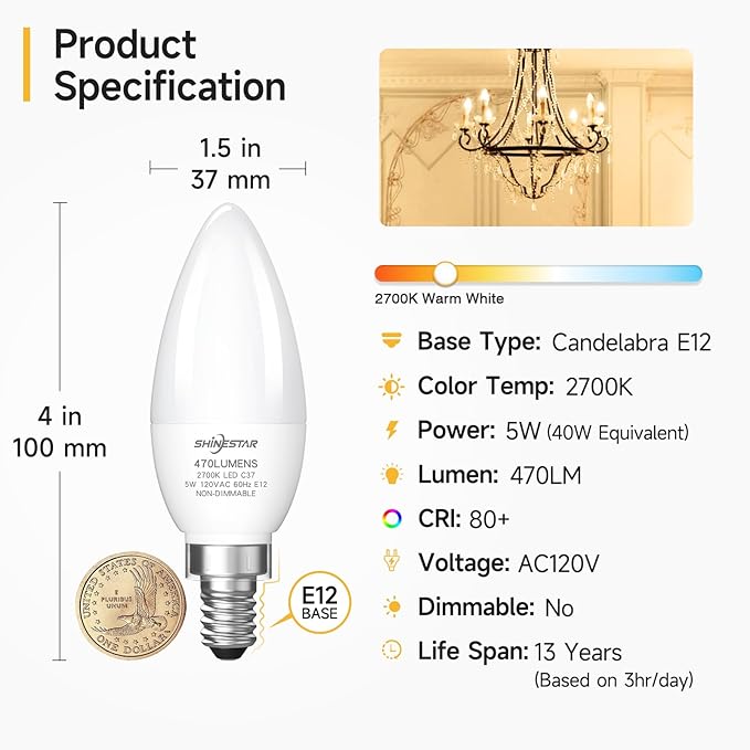 SHINESTAR 12-Pack Candelabra 40W Equivalent LED Light Bulbs, 2700K Warm White Ceiling Fan Lightbulbs, Type B Small E12 Base, 5W B11 Chandelier Bulb, C37 Candle Lights, Non-dimmable