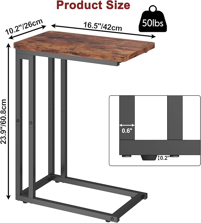 Yusong C Shaped End Table - Slide Under Sofa Couch Bed, Small Table for Small Spaces, Skinny Overbed, Coffee Drink Snack Table for Living Room, Rustic Brown