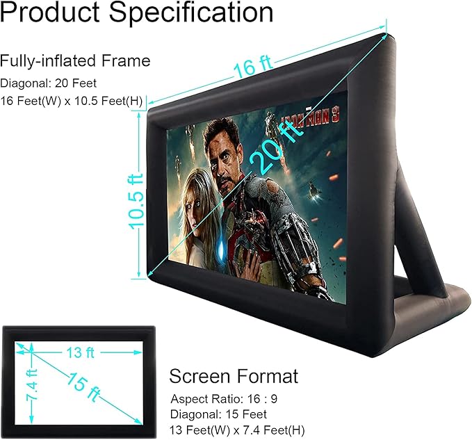 20 Feet Inflatable Projector Movie Screen for Outdoor, Portable Blow Up Projection Screen with Air Blower, Front/Rear Projection for Backyard Pool Party Movie Nights (20ft)