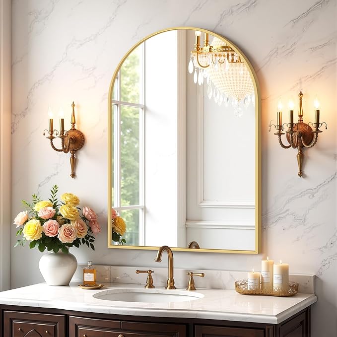 Sweetcrispy Arched Bathroom Mirror 30x20.5 Inch Gold Metal Framed Arch Vanity Mirror for Wall, Over Sink, Farmhouse, Restroom, Anti-Rust, Modern Decorative, Hanging or Leaning