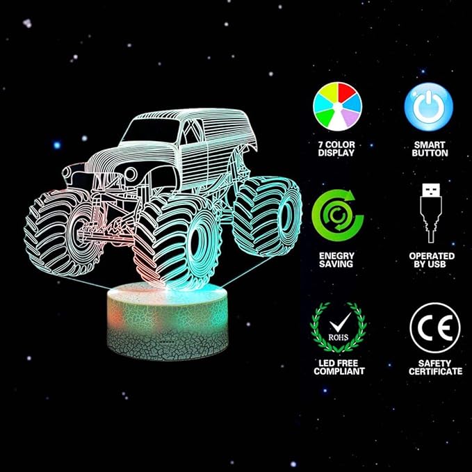 3D Night Lights for Children, Kids Night Lamp, Monster Trucks for Boys, 7 LED Colors Changing Lighting, Car Shape Acrylic Lighting Table Desk Bedroom Decoration, Cool Gifts Ideas Birthday Xmas