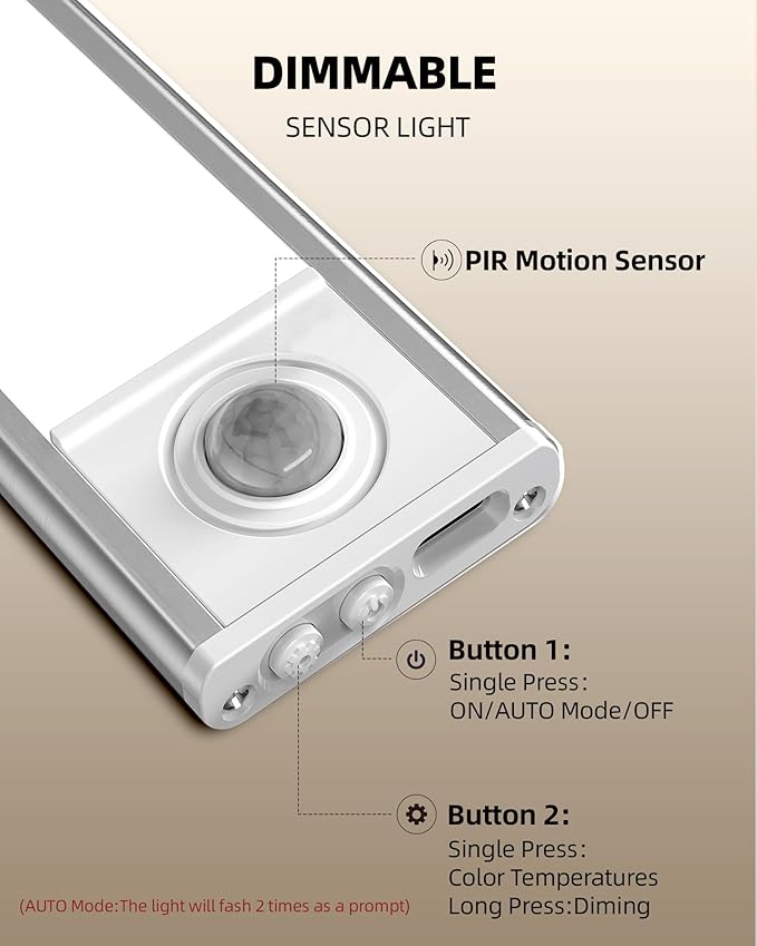 Under Cabinet Lighting Wireless,Rechargeable Battery Motion Sensor Light Indoor,LED Closet Lights USB Charging,3 Color Dimmable Under Cabinet Lights for Kitchen, Cabinet, Wardrobe (3 Pcs) 8inch