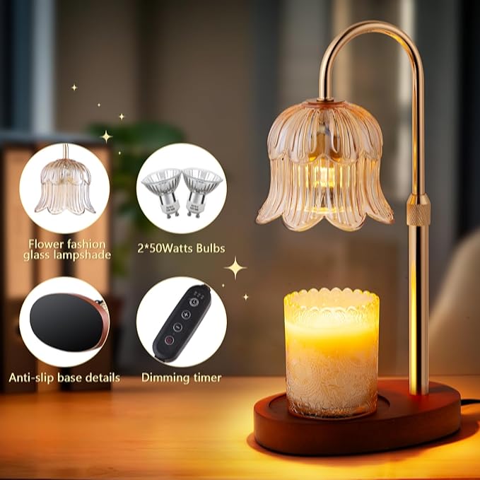 Candle Warmer Lamp Electric Timer - Vintage Heater Candles Warming Height Adjustable Dimmable Warmers Flower Lamps No Flame Heat Warm Melt Wax Jar Modern Home