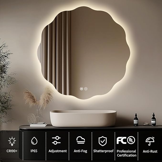 Round LED Bathroom Mirror with Lights 30", Stepless Dimmable Circle LED Mirror with 3 Colors, Anti-Fog, Memory, Frameless Smart Vanity Mirror