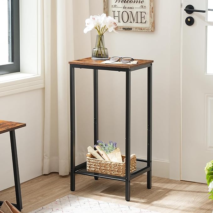 HOOBRO Tall Side Tables Set of 2, Industrial End Telephone Table with Adjustable Mesh Shelves, for Living Room, Bedroom, Entryway, Office, Rustic Brown and Black BF03DHP201