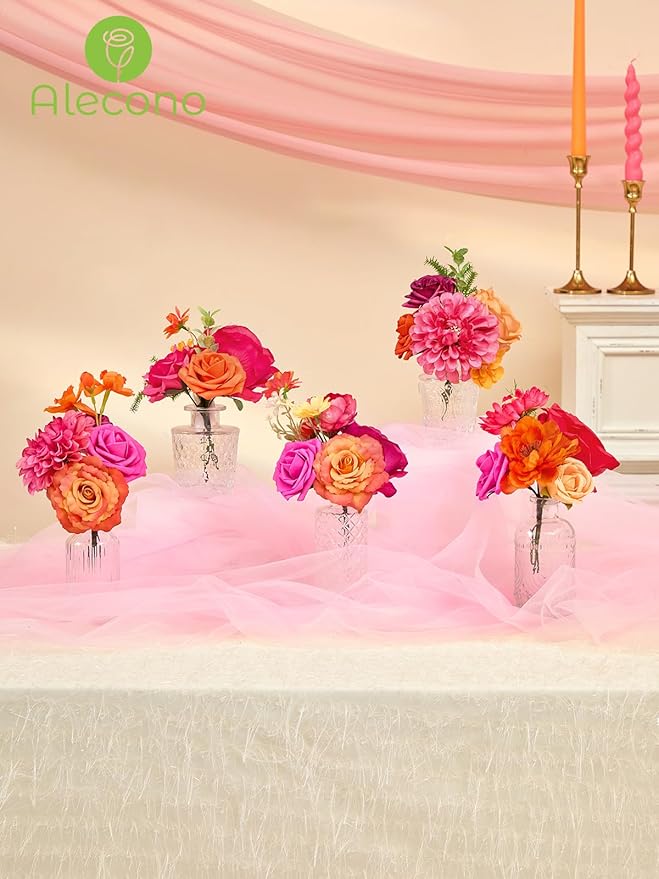Alecono Artificial Flowers, Orange and Hot Pink Silk Fake Flowers for DIY Wedding Bouquets, Cake Flowers for Table Centerpieces Party Home Decorations