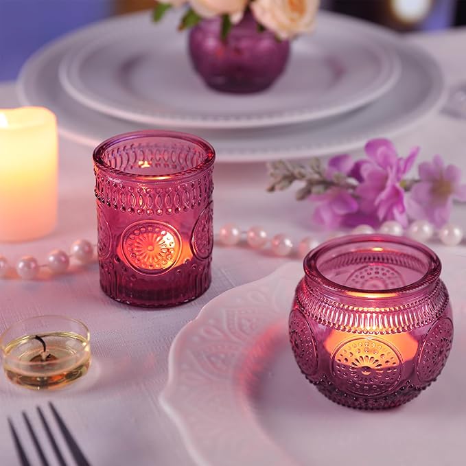 DARJEN 48Pcs Pueple Votive Candle Holders - Vintage Tea Lights Candle Holders, Glass Votives for Party, Wedding Table Centerpieces, Baby Shower Decor & Gift
