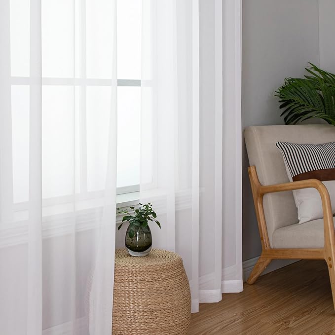 Chyhomenyc Sheer White Curtains 90 inches Long 2 Panels, Light Filtering Soft Airy Solid Elegant Voile Window Treatment Drapes for Bedroom Living Room Wedding Party Decor, 42 Wx90 L Inches