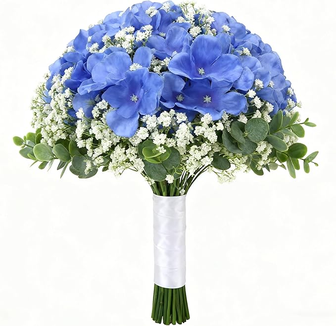 100PCS Artificial Hydrangea Flowers, Fake Flowers Silk Hydrangea Full Flowers Heads with Stems for Wedding Home Party Shop Baby Shower Decor (Bright Blue)