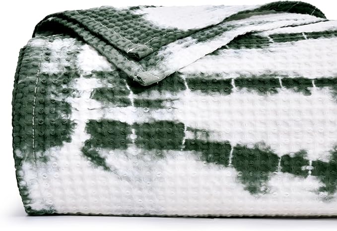PHF 100% Cotton Tie-dye Waffle Weave Blanket King Size,Soft Breathable Skin-Friendly Durable Layering for All Season, Manual Elegant Delicate Pattern for Bed, Home Decor, Couch,Tie Dyed Green, 104x90
