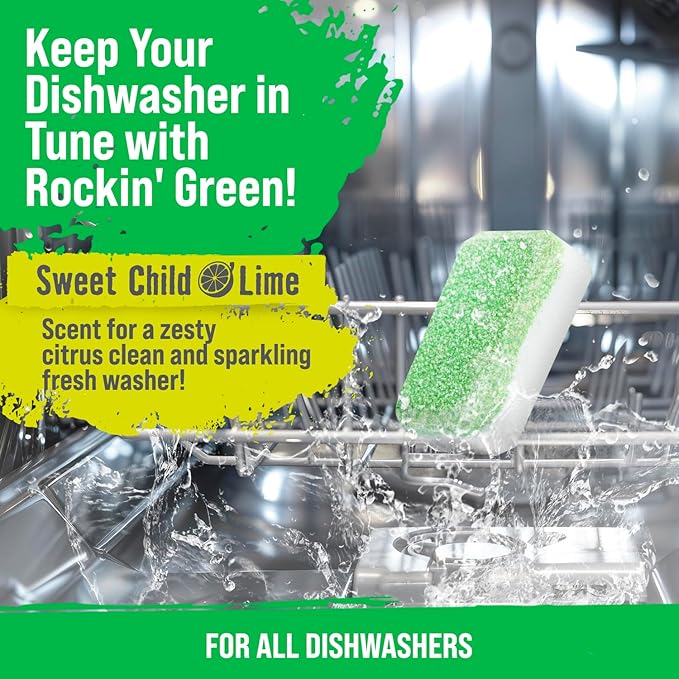 Rockin' Green Dishwasher Cleaner Tablets (24 Pack) - Septic Safe Dishwasher Cleaning Tablets Dishwasher Cleaner and Deodorizer Dishwashers Tablet Remove Build Up with Citric Acid (Sweet Child O'Lime)