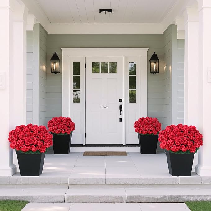 16 Bundles18" Artificial Geranium Flowers for Outdoor Spring Summer Decoration,Fake Silk Geranium Faux Plants UV Resistant for Front Door Planter Outside Home Garden Balcony Yard Porch Decor (Red）