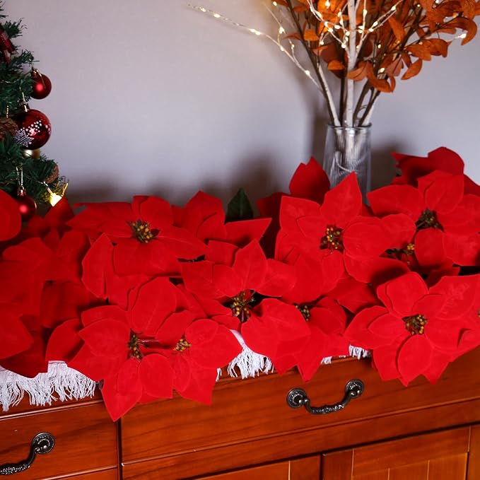 8 Pack Bulk Christmas Artificial Poinsettia Flowers Stem Bouquets Outdoors with 40pcs 8.2 Inch Red Poinsettia Flowers Heads for Christmas Tree, Xmas Garland, Vase, Window Box, Porch Decorations