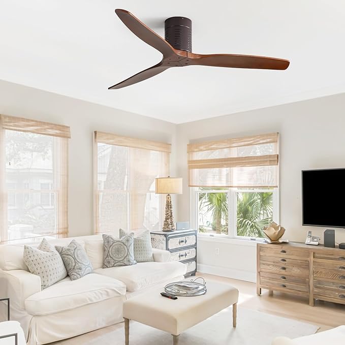 Sofucor 52 Inch Ceiling Fan No Light, Solid Wood Indoor/Outdoor Ceiling Fans Without Lights, Reversible DC Motor, 6 Speed, Flush Mount Ceiling Fans for Bedroom Living Room Farmhouse Patio