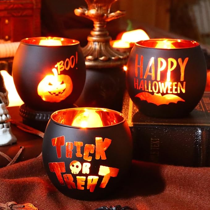 WDHODEC Halloween Candle Holders 6 Pieces Black Glass Votive Candle Holder for Halloween Wedding, Party, Table Centerpiece Décor Halloween Decorations Indoor and Outdoor
