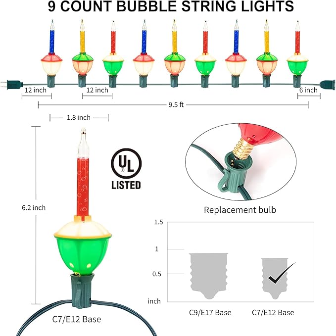 Brightown Christmas Bubble String Lights - 2 PC 9 Traditional Multicolor Bubble Lights UL Listed for Holiday Christmas Celebrations Lighting, Green Wire