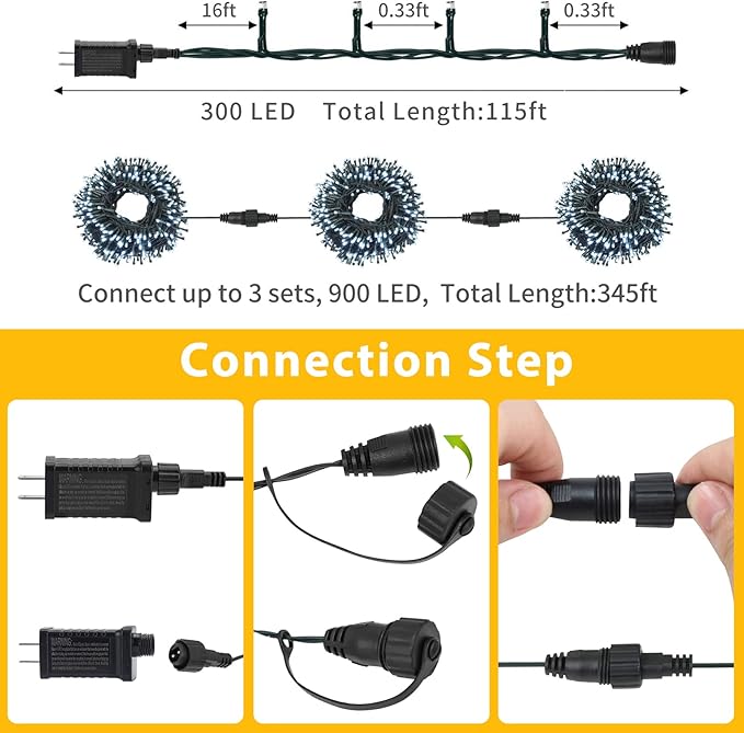 QUWIN White Christmas String Lights, 115Ft 300 LED UL Certified 8 Modes with End-to-End Plug, Indoor & Outdoor Fairy Light for Christmas Tree, Patio, Wedding, Party (115Ft Cool White)