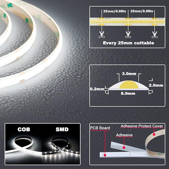 TOPAI 12V COB LED Strip Light Daylight White 5000K Waterproof IP65 480LEDs/M Super Bright 4000Lm CRI>90 16.4ft/5M Dotless High Density Cuttable Flexible for Cabinet Home DIY Lighting Projects