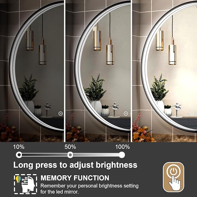28 Inch LED Round Mirror for Bathroom, Black Metal Framed LED Bathroom Mirror with Lights, 3 Colors and Stepless Dimmable Wall Mounted Lighted Bathroom Vanity Mirror, Anti-Fog, Memory