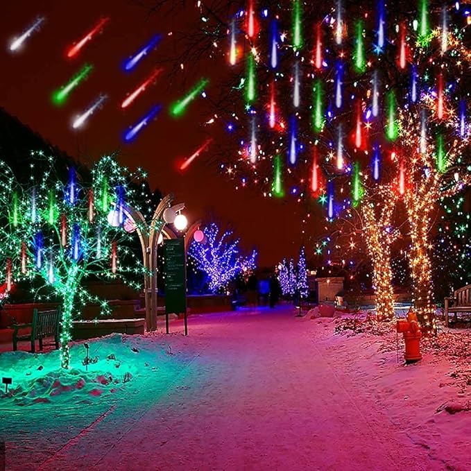 Kwaiffeo Multicolor Icicle Lights Outdoor, Waterproof 16-Tube Meteor Shower Lights for Christmas New Year Party Outside Decor, Equivalent to 2 Sets of 8-Tubes