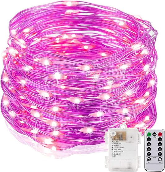 String Lights,LED Copper Wire Lights, Each Set 33ft/10M 100LEDs and 6 Remote Control.AA Battery Powered,Decor Rope Lights for Holiday,Wedding, Parties.(Pink)