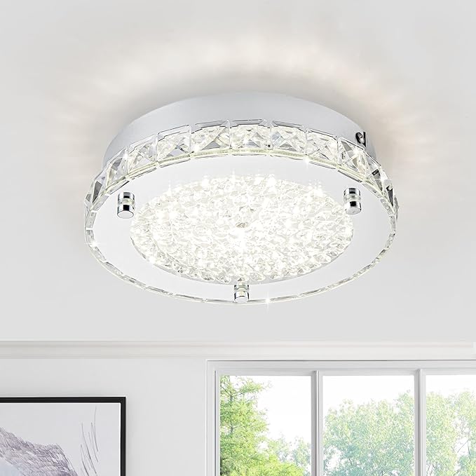 Modern Crystal Flush Mount LED Ceiling Light - 8.3" Foyer & Bedroom Light Fixture for Bathroom, Hallway, Closet