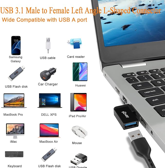 QIANRENON USB 3.1 90°Angle Adapter 10Gbps USB 3.1 Male to Female Left Angle L-Shaped Connector USB A 3.1 Data Transfer Converter Coupler, 2PCS(Left Angle Side Bend)